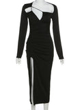 Christmas Midi Dress Women High Split Drawstring Folds Hollow Out Elegant Bodycon Sexy Party Prom New Year Dress
