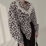 Spring 2022 Floral Lantern Sleeve Korean Fashion Blouse Women Long Sleeve Top Lapel Blue Black Loose Shirt