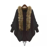 Women Cardigan Soft Fur Collar Batwing Sleeve Sweater Back Tie Up Style Knitted Luxury Female Clothes Warm Lady Coat