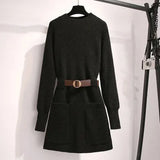Lantern Sleeves Solid Color Knitted Dress Women With Belt Long Sleeves Mid-length Pullover A-line Dress Female 2021