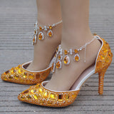 Tuxedo Diamond Wedding Shoes 9 Fine Heel Pointed Sandals Luxury Water Drill Wedding Shoes