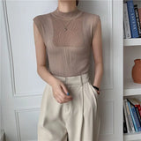 Sleeveless Knit Top Women Turtleneck Summer Korean Fashion Bodycon Corset Tank Top White Beige Khaki Fashion Top