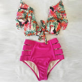 Ruffled Hem Bikini Set Women Flora V-Neck High-Waisted Two Piece Swimsuit 2021 Girl Beach Bathing Suit Swimwear