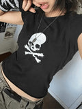 Skull Print Short Sleeve Y2K Crop Top- Outfit