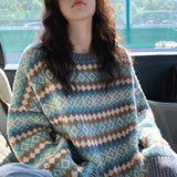 Zingj Jacquard Diamond Loose Sleeve Knit Sweater Female Student 2024 New Autumn And Winter Outside Wear Lazy Wind-Outfit