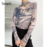 Y2k Vintage Tops Tie-dye Mesh T Shirt Turtleneck Long Sleeves T-shirts Women Sexy Slim Translucent Basic Tee Thin