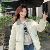 Simple Small Fragrant Wind Diamond Lapel Cotton Coat Female Layer Sense Short Small Loose Lapel Cotton Jacket With Cotton Coat-Outfit