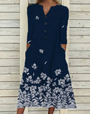 V Neck Short Sleeve Button Party Dress Women Vintage Printed Dress Casual Loose Flower Ladies Dresses Vestidos