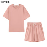 Summer Tracksuits Womens Two Peices Set Leisure Outfits Cotton Oversized T-shirts High Waist Shorts Candy Color