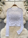 Letter Beadings Women Blouse O Neck Long Sleeves 2023 Autumn Fashion Senior Streetwear Hotsweet T Shirt Sheer Y2K