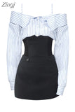Women's Two Piece Set Suit Vintage Long Sleeve Stripe Shirt Female Elegant Fashion Party Club Package Hip Black Skirt Suit