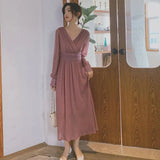 V Neck Long Maxi Dresses Women 2021 Solid High Waist Puff Sleeve Elegant Dress Sequin Party Dress Sexy Robe Femme