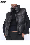 Women Black Pu Puffy Vest American Streetwear Winter Thick Parkas Jacket Fashion Outwear Faux Leather Down Waistcoat