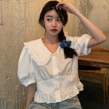 Women Short Solid Peter Pan Collar Puff Sleeve Kawaii Sweet Slim French Style Fashion Designer Student Daily Summer