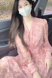 Clothing V-Neck Dresses Print Korean Style Fashion New Long Sleeve Chiffon Dress Women Pink Vestidos Clothes Summer