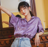 Butterfly Embroidery Blouse Summer Button Down Shirt For Women Purple White Satin Shirt Korean Glitter Blouse