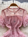 French Sweet Lace Hollow Out Dress 2023 Summer Short Sleeve O Neck Long Dress Women Elastic Waist Sheath Cake