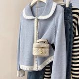 Style Gentle Wind Horn Buckle Knitted Cardigan Women's Spring And Autumn Dress Foreign Style Sweet Age Reduction Milk Doll Collar