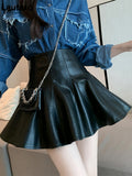 Spring Summer Short Black Soft Faux Leather Mini Puffy Skirt Women High Waist Zipper A Line Cute Kawaii Fashion