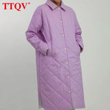 Elegant Lapel Purple Trench Coat For Women Winter Long Sleeve Thick Warm Pockets Coats Casual Long Trench Coat