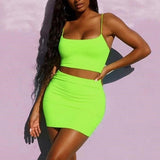 Sexy Camis Skirt 2 Two Piece Set 2021 Summer Women Fashion Neon Green Orange Solid Party