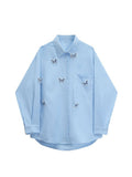Women's Blouse Fashion Lapel Collar Blue Butterfly Shirts Long Sleeve Single Breasted Streetwear Casual Loose Female Blouses
