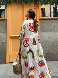 Summer Vacation Printed Loose Shirt Dresses Women Casual Lapel Long Sleeved Single Breasted Maxi Dress Lady Street