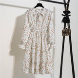 Women Casual Summer Dress Lady Korean Style Vintage Floral Printed Chiffon Shirt Dress Long Sleeve Bow Midi Summer Dress