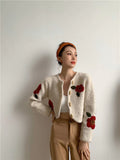 Embroidered Sweater Cardigan Women Wool Horn Button Up Crewneck Sweater Khaki Winter Fashion Sweater