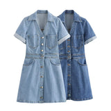 Denim Skirt 2025 Spring And Summer Roll Sleeves V-Neck Single Buckle High Waist Repair A-Word Mini Dress