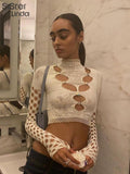 Diamonds Mesh Hollow T-Shirts Women Full Sleeve O-Neck Y2K Chic Tops Female Stretch Thin Trend Tees Streetwear