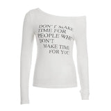 Autumn Letter Print Thin Perspective T-Shirt Hottie Fashion Slanted Shoulder Long-Sleeved