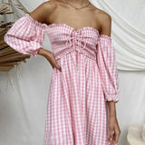 Women Pink Plaid Slash Neck A-line Summer Dress High Waist Bodycon Chic Lace Up Midi Dress For Party Holiday Femme
