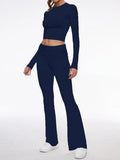 Long Sleeve Cropped Top Fold-over Flare Pants Set-Outfit