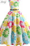Print Vintage Dress Women Summer Pin Up Retro 50s Rockabilly Sleeveless A-Line Midi Party Dresses