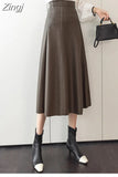 Autumn Winter Women's Skirts Pu Leather Half-length Skirthigh-waist Mid-length A-line Skirt Elegant Splicing Women