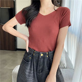 Summer Short Sleeve Korean Style Sweater V-Neck Knitted Pullover Women Sweaters Basic Thin Tops Pull Femme Jumper