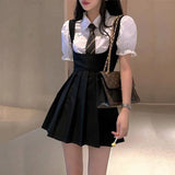 Dress Sets Preppy Style Slim High Street Girl Sweet Ins Puff Sleeve Shirts Pleated Dresses Student Harajuku Ulzzang JK
