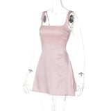 Solid Satin Square Neck Strap Mini Dress-Outfit
