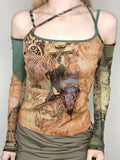 Design Personalized Retro Print Crash Color Irregularly Hollow Sweet Spicy Style Repair Mesh Long-Sleeved T-Shirt