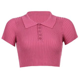 Ribbed Casual Tshirts Cotton Women Summer Short Sleeve Crop T Shirt Ladies Turn-down Collar Solid White Tee