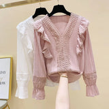 V-neck Women's Shirts Loose Vintage Long Sleeve Sweet Woman's Blouse Lace Stitching Flare Sleeve Solid Blouse Women