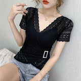 Women lace tops New Arrivals Summer short sleeve v-neck women blouse shirt Sexy Hollow out lace tops plus size