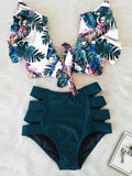 Ruffled Hem Bikini Set Women Flora V-Neck High-Waisted Two Piece Swimsuit 2023 Girl Beach Bathing Suit Swimwear