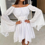 Slash Neck Flare Sleeve Irregular Hems Corset Short Dress Streetwear Girls High Waist A-line Tunics Evening Party