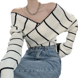 Zingj Girl Cross One Word Shoulder Striped Top Spring New Chic Retro Sexy Off The Shoulder Long Sleeves Show Skinny Knit-Outfit