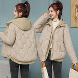 Station Light And Short Down Cotton Clothes Female Hooded Splicing Fake Two Cotton-Padded Clothes Winter Fashion Warm Small Coat-Outfit