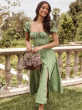 Floral Print Dress Sweet Square Neck Puff Sleeve Side Spilt Drawstring Maxi Dresses for Women Party Chic Casual