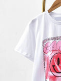 vintage chic smiley print T-shirt women 2022 summer short sleeve round neck cotton cozy tees casual tops female