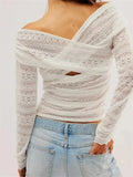 Women Lace Floral T-shirts Crop Top Fairy Grunge V Neck Long Sleeve See Through Ruched Slim Fit Solid Color Tees